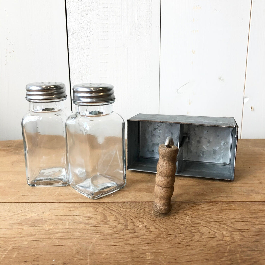 Glass Salt & Pepper Shakers In Galvanized Metal Caddy