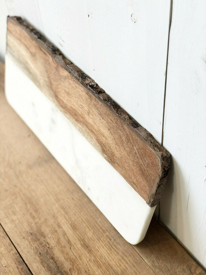 White Marble & Mango Wood Cheese Cutting Board w/ Bark Edge