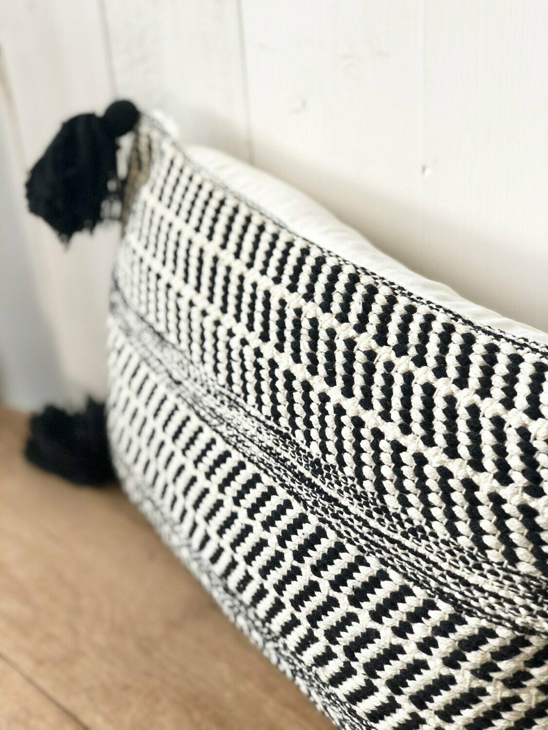 Black and Cream Lumbar Pillow with Tassels