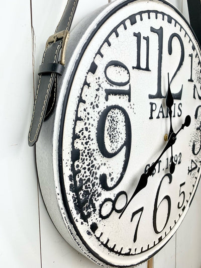 Black and White Distressed Clock with Leather Handle