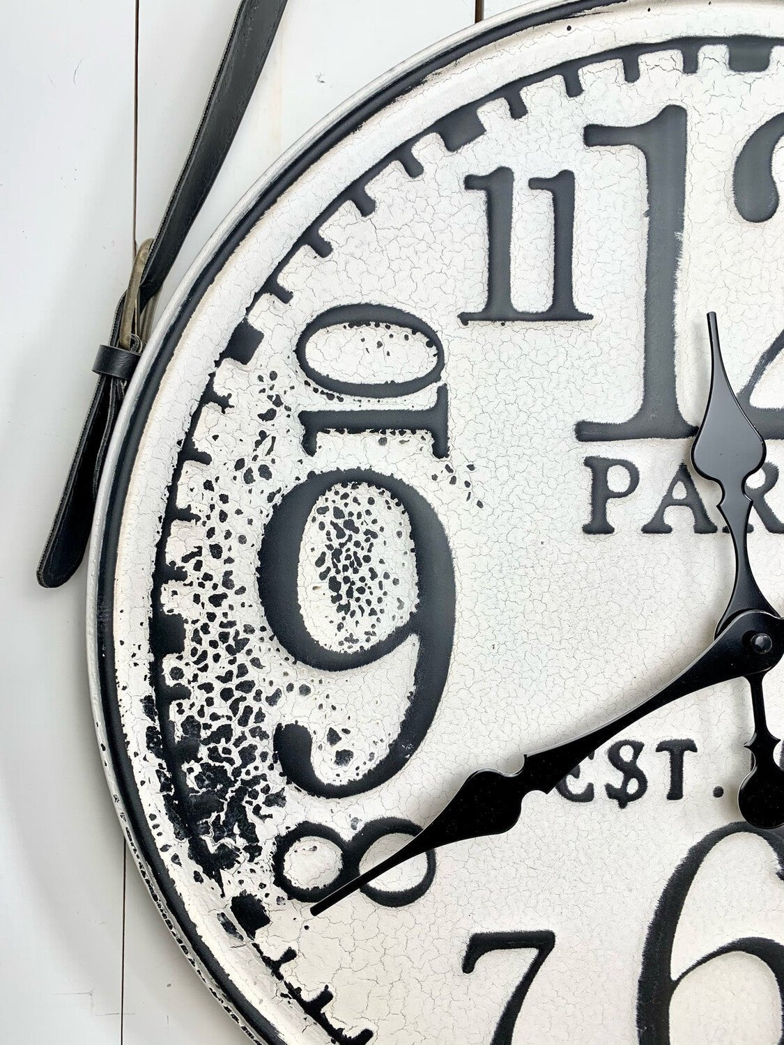 Black and White Distressed Clock with Leather Handle