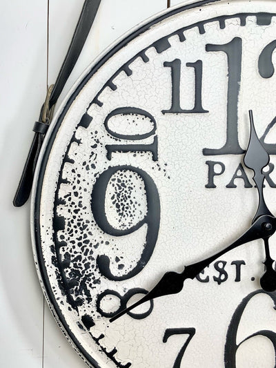 Black and White Distressed Clock with Leather Handle