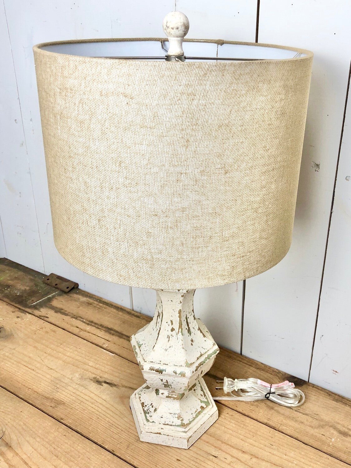 White Distressed Lamp with Tan Shade