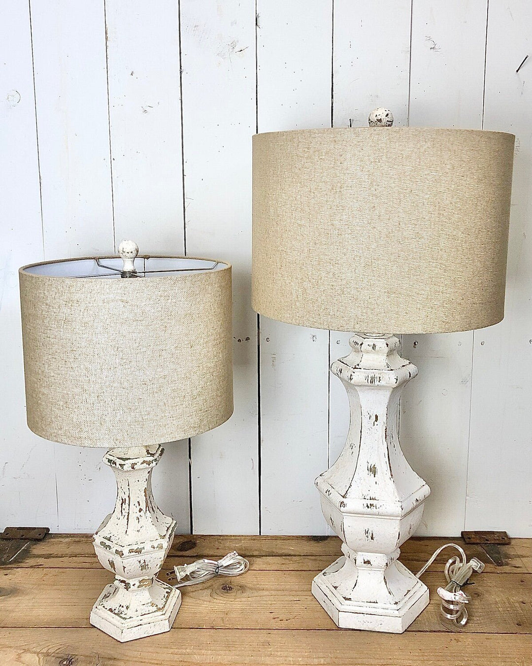 White Distressed Lamp with Tan Shade