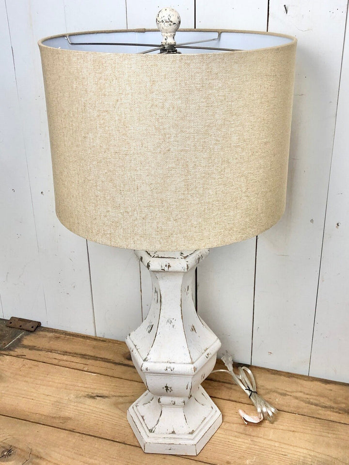 Large White Distressed Lamp with Tan Shade