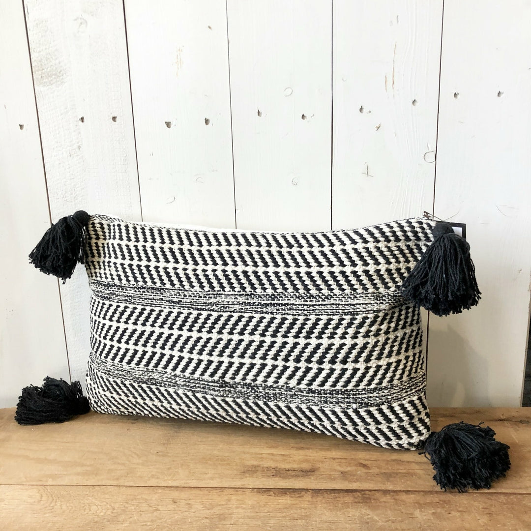 Black and Cream Lumbar Pillow with Tassels