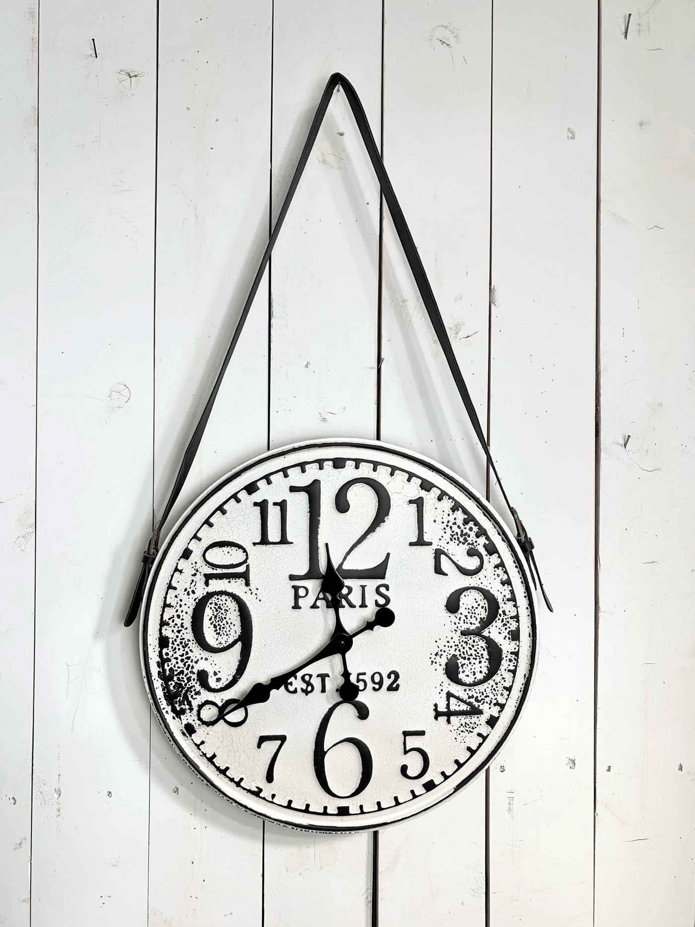 Black and White Distressed Clock with Leather Handle