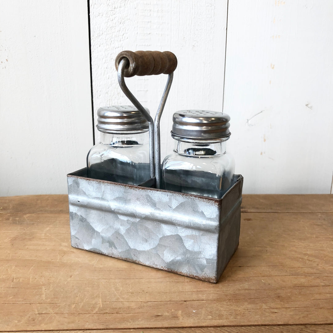 Glass Salt & Pepper Shakers In Galvanized Metal Caddy