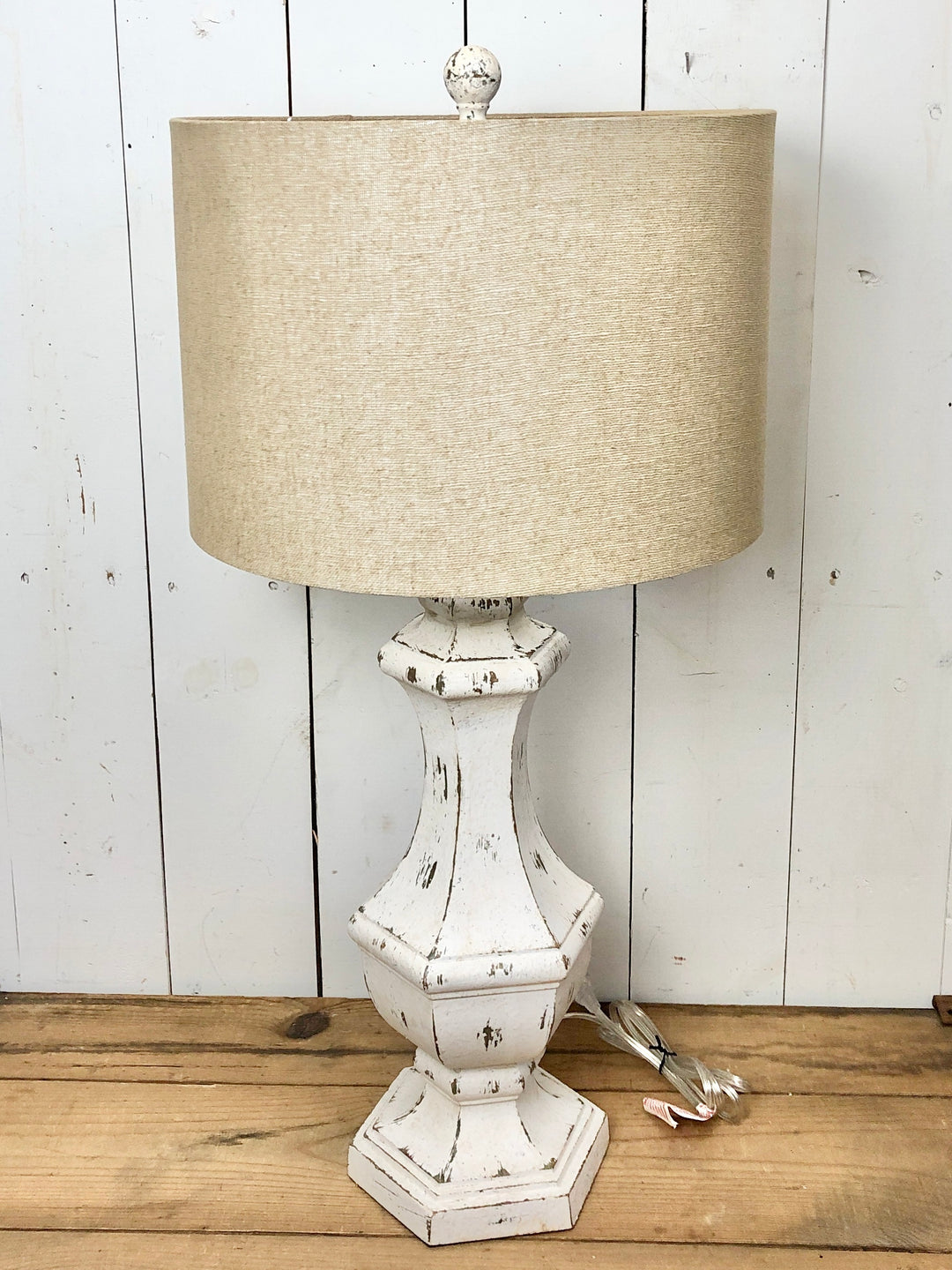 Large White Distressed Lamp with Tan Shade