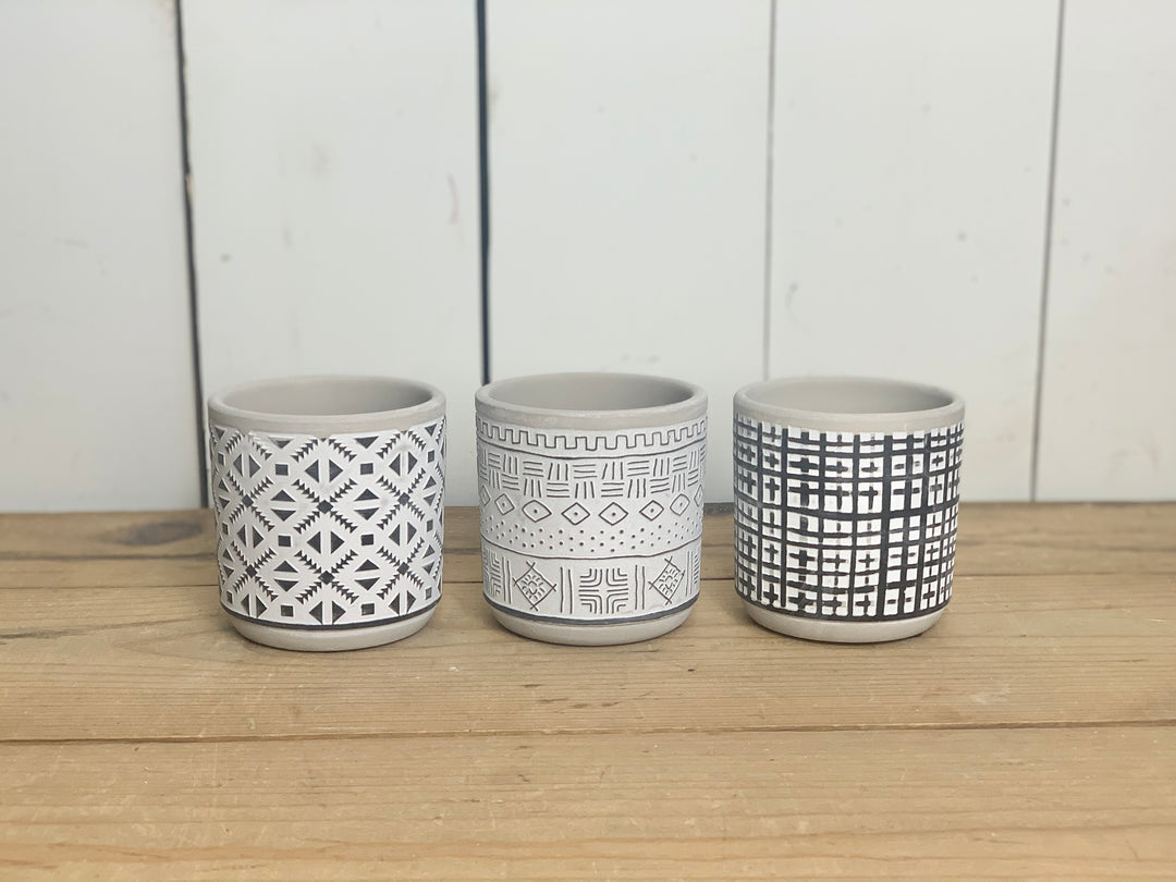 Small Black and White Cement Patterned Pots