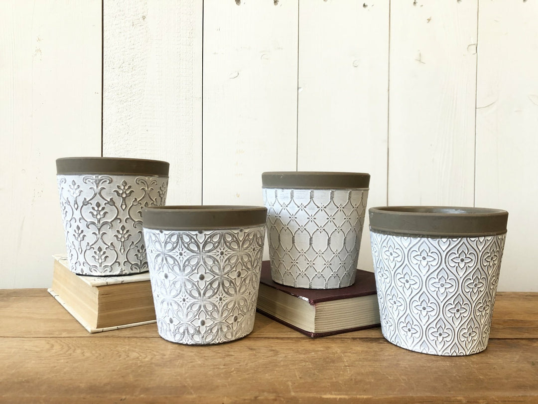 White & Grey Embossed Design Pot