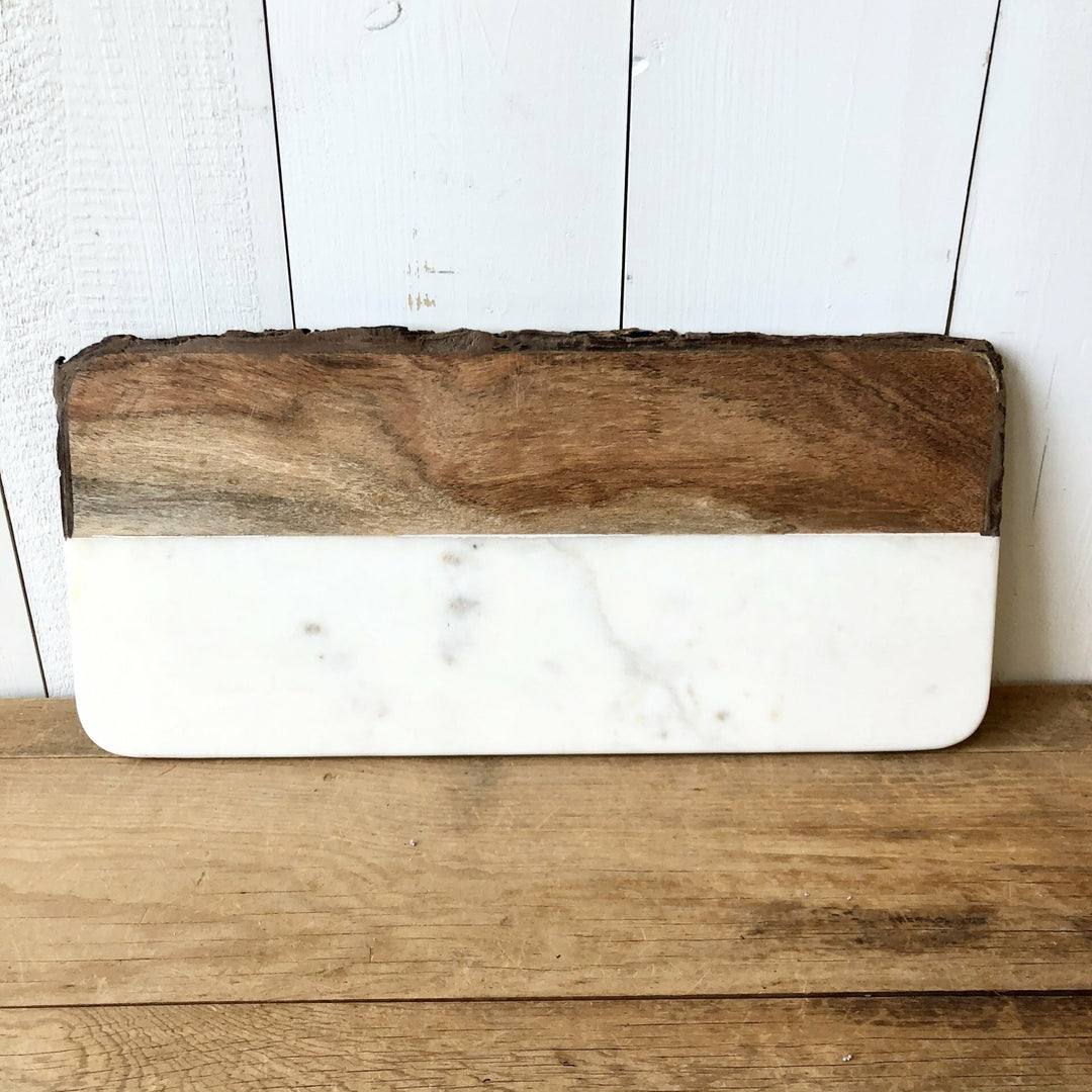 White Marble & Mango Wood Cheese Cutting Board w/ Bark Edge