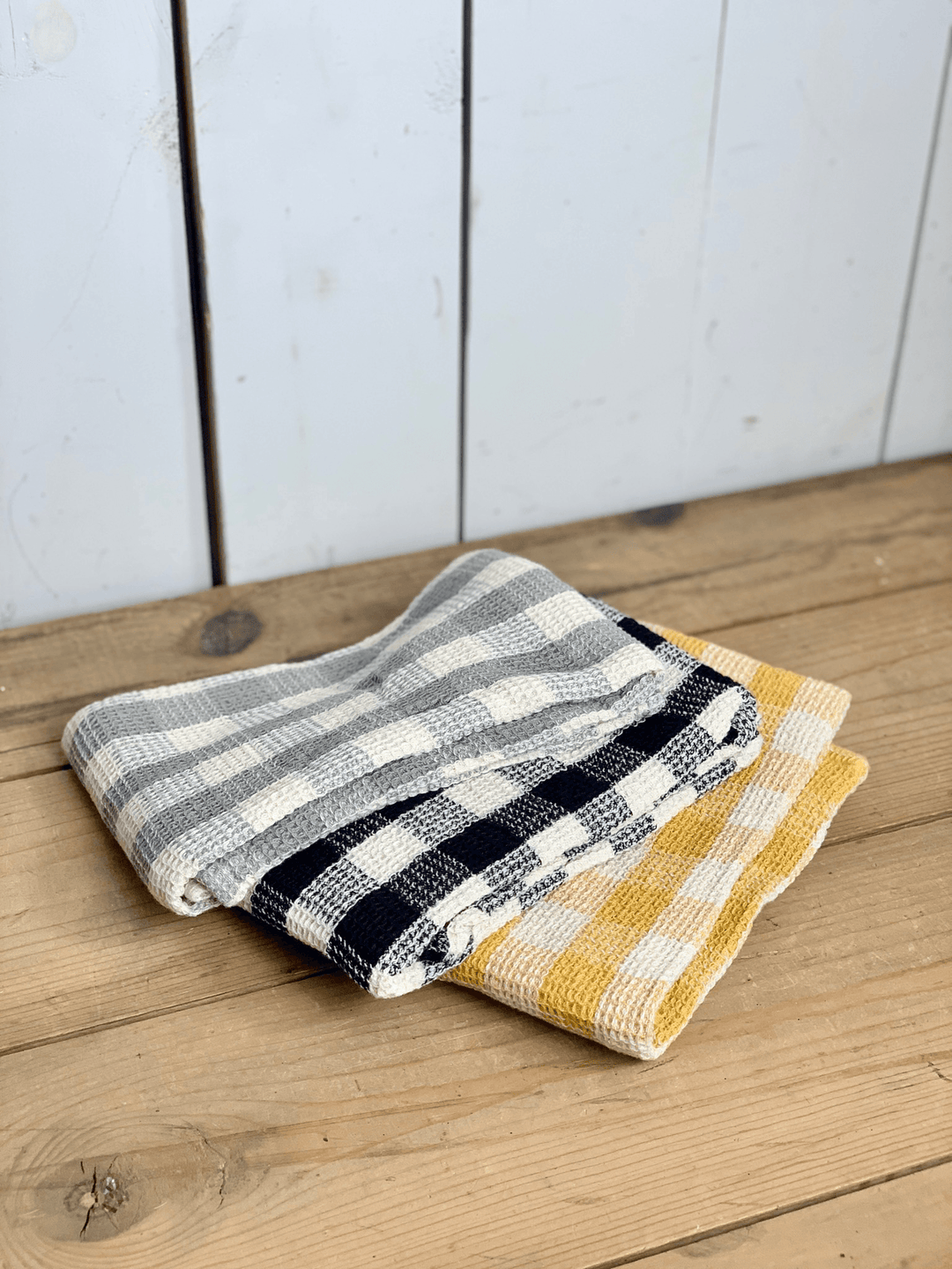 Yellow Grey and Black Waffle Weave Tea Towels - Set of 3