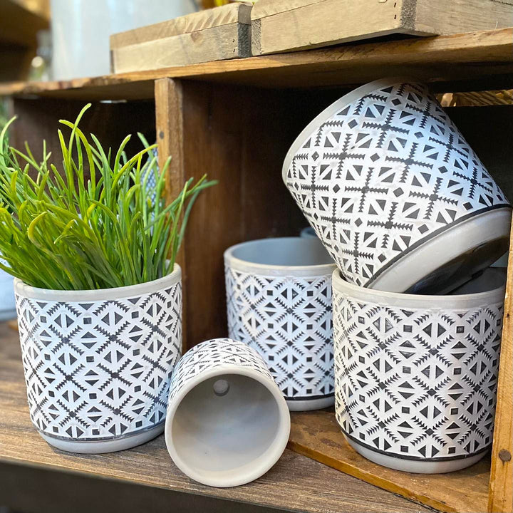 Small Black and White Cement Patterned Pots
