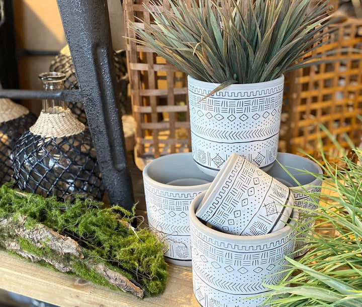 Large Black and White Cement Patterned Pots