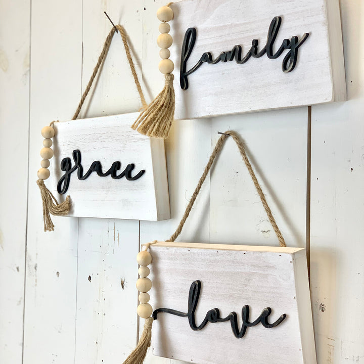 White Washed Hanging Signs - Family, Love, Grace