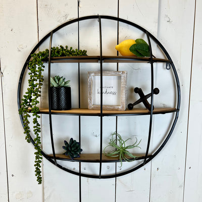 Black Metal Wall Shelf with Wood Shelves