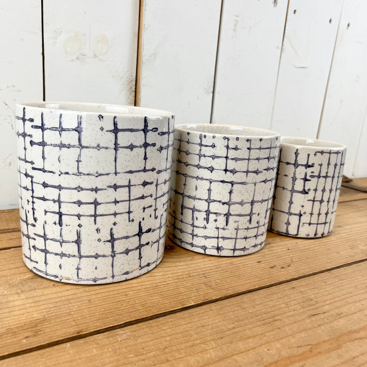 White and Indigo Hatch Patterned Pots