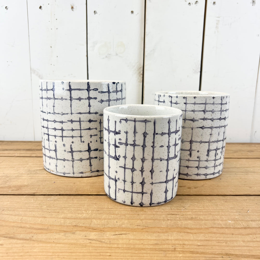 White and Indigo Hatch Patterned Pots