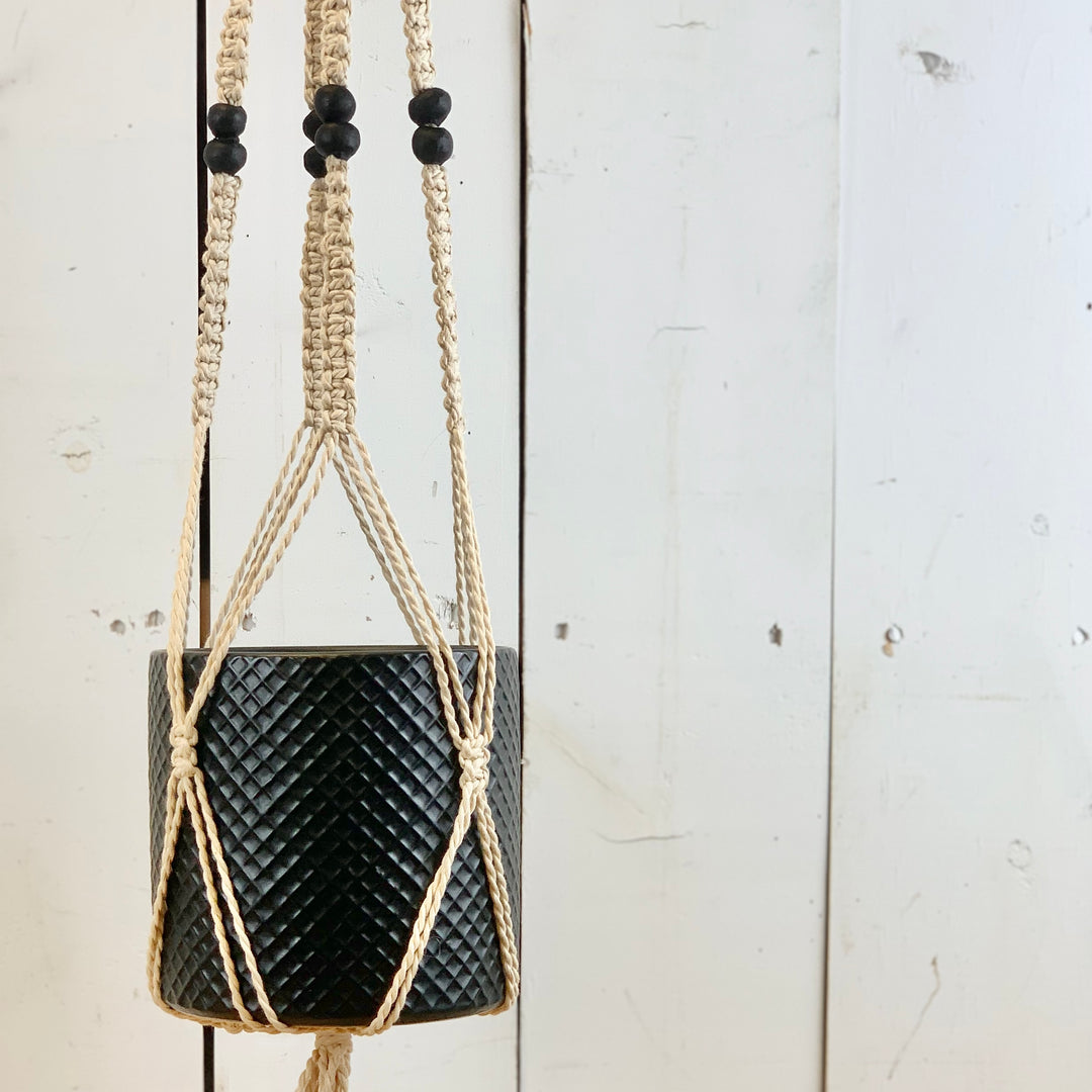 Ivory Macramé Hanger with 1 Tier of Black Beads