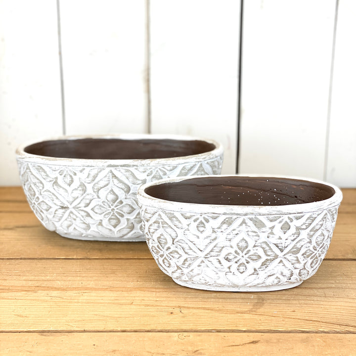 Oval Patterned Cement Pots, two sizes available