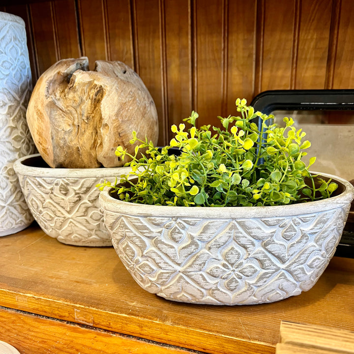 Oval Patterned Cement Pots, two sizes available