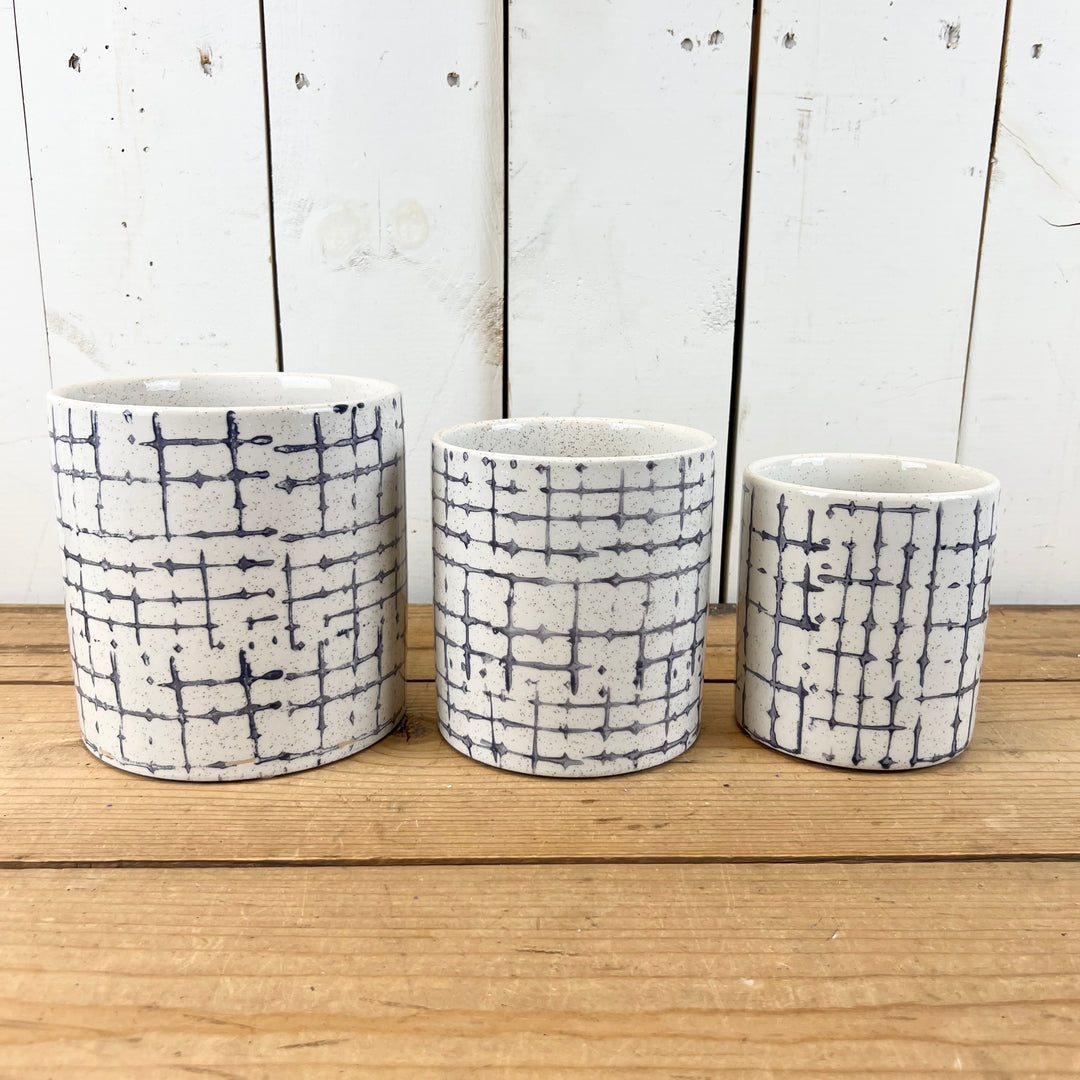 White and Indigo Hatch Patterned Pots