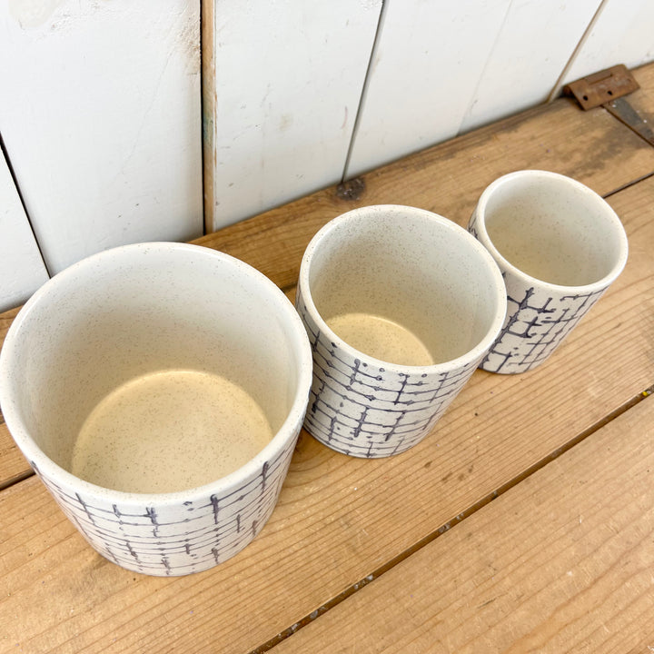 White and Indigo Hatch Patterned Pots