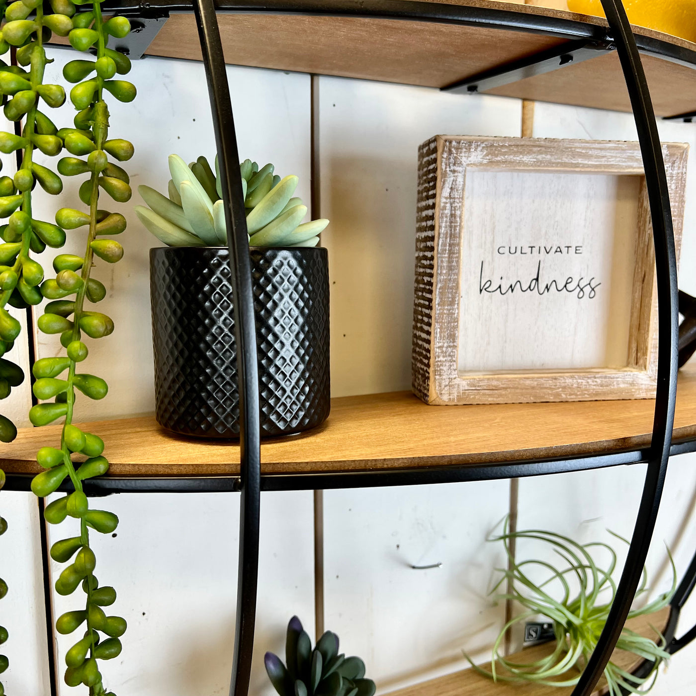 Black Metal Wall Shelf with Wood Shelves