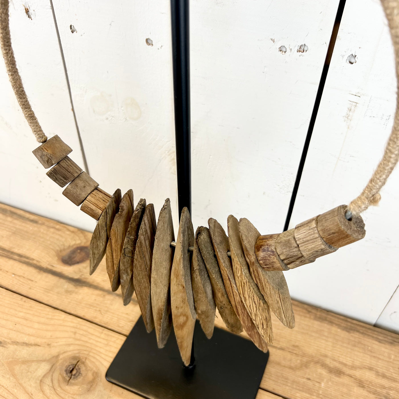 Recycled Wood Necklaces on Iron Stands