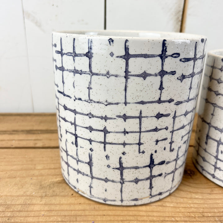 White and Indigo Hatch Patterned Pots