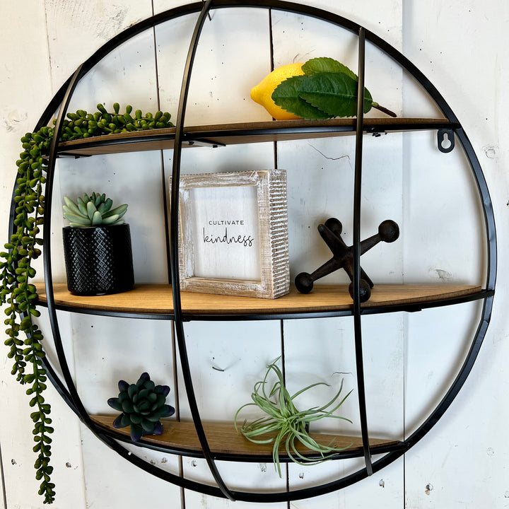 Black Metal Wall Shelf with Wood Shelves